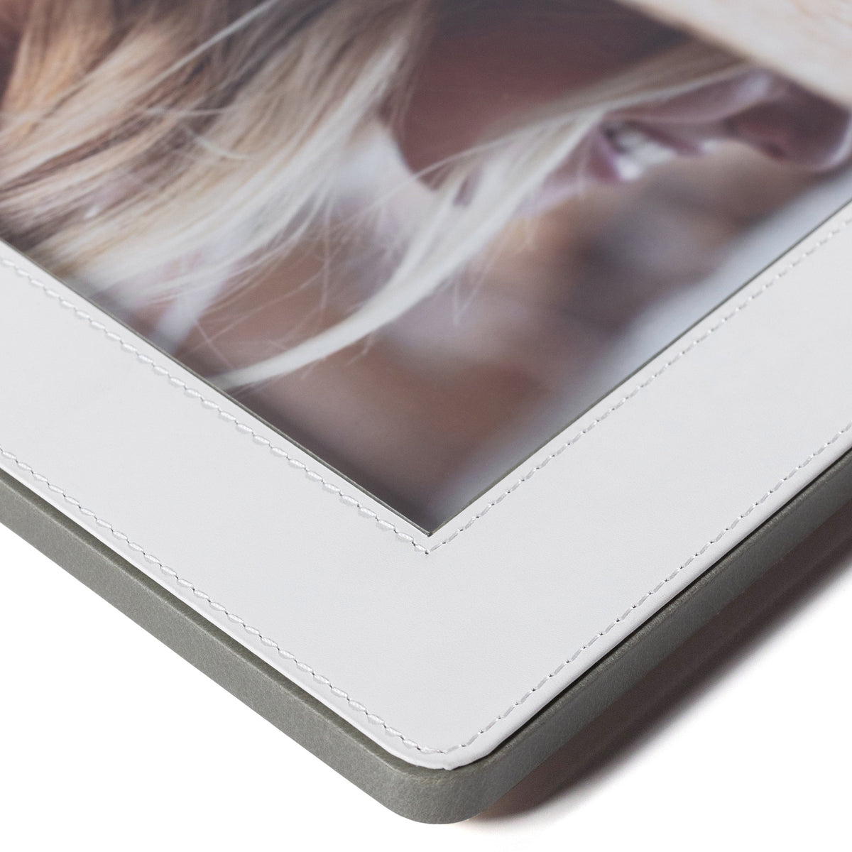 Nappa White & Gray Leather Photo Frame - Frame Corner Detail | Bone & Brass