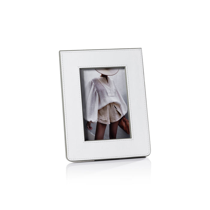 Nappa White & Gray Leather Photo Frame - Frame View | Bone & Brass