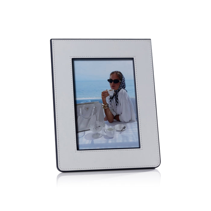 Nappa White & Navy Leather Photo Frame - Frame View | Bone & Brass