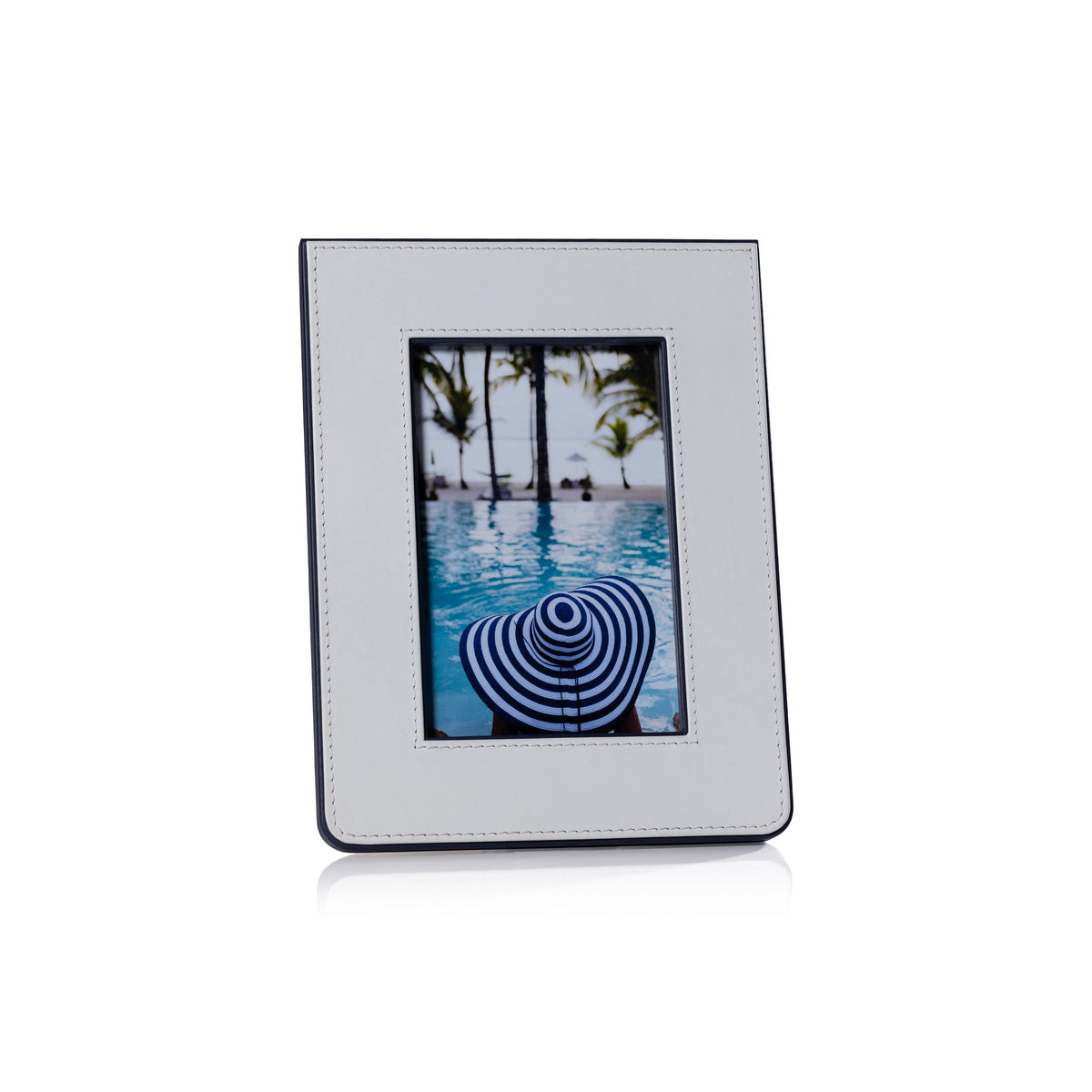 Nappa White & Navy Leather Photo Frame - Frame Detail | Bone & Brass