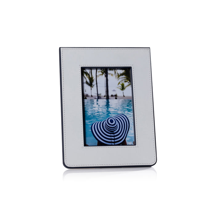 Nappa White & Navy Leather Photo Frame - Frame Detail | Bone & Brass