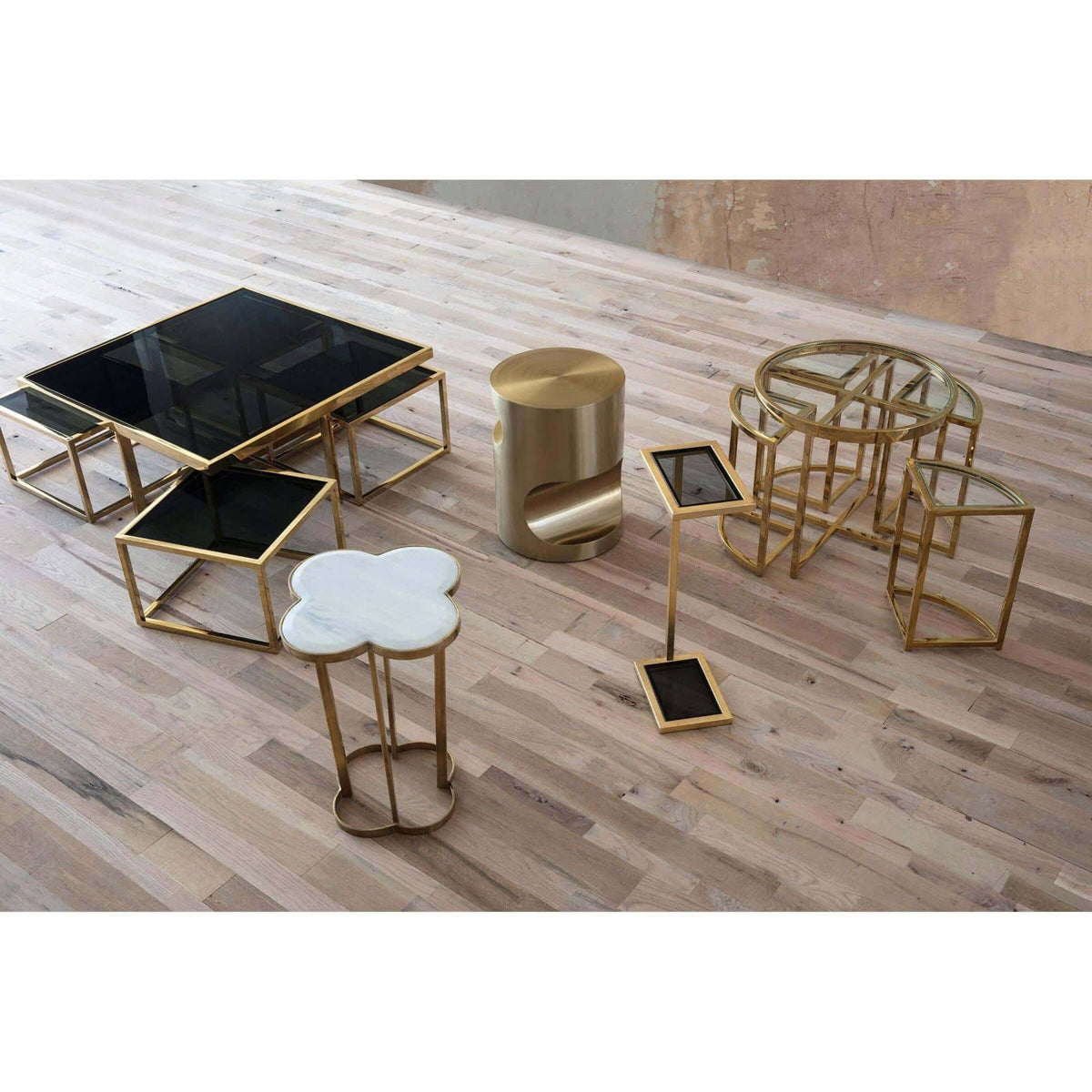 Nathan side table, brass frame with a black glass top, 22" H, 16.25" W, 16.25" D.