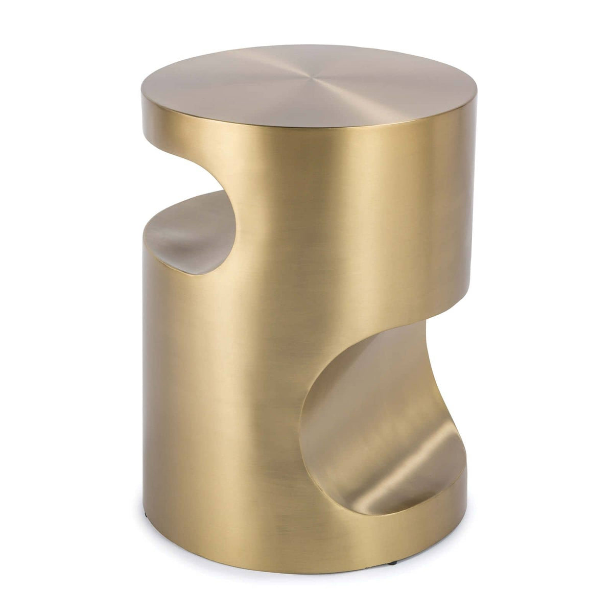 Nathan side table in brushed brass with sculptural curves and crisp lines.