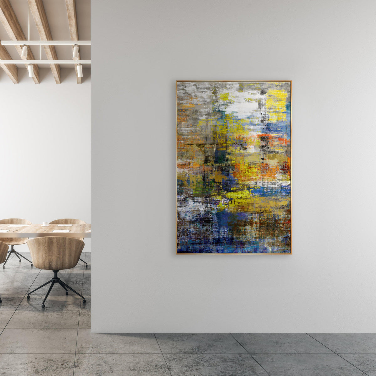 Abstract giclee canvas painting with textured knife gel finish in blues, yellows, and grays, framed in gold.