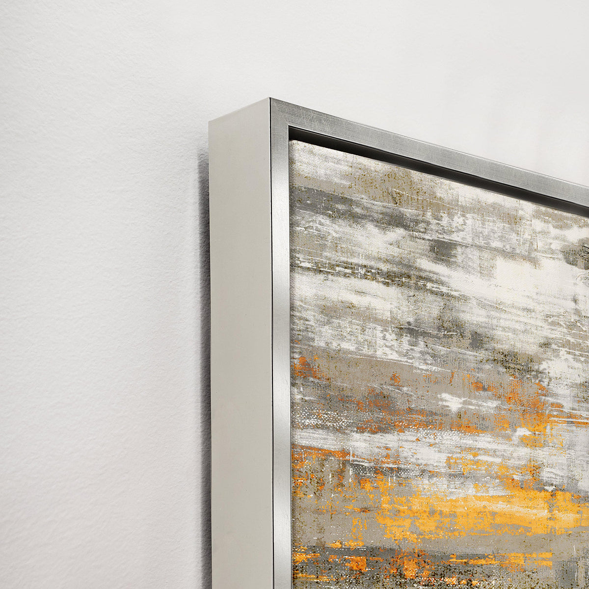 Abstract giclee canvas painting with textured knife gel finish in gray, white, and orange, unframed.