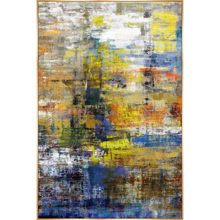 Abstract giclee canvas painting with textured knife gel finish, featuring yellow, blue, gray, and orange hues.