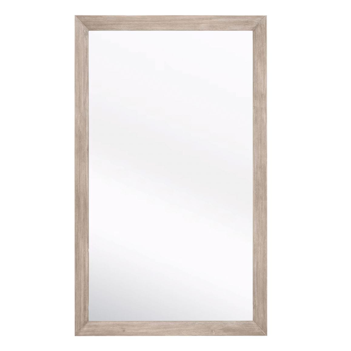Large natural gray acacia wood bevelled floor mirror with a simple rectangular frame.