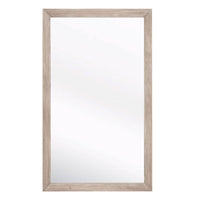 Large natural gray acacia wood bevelled floor mirror with a simple rectangular frame.