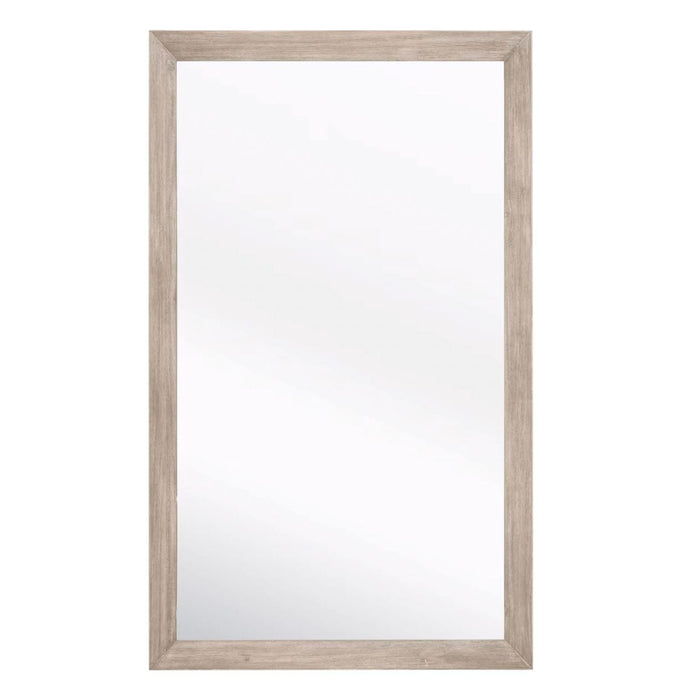 Large natural gray acacia wood bevelled floor mirror with a simple rectangular frame.