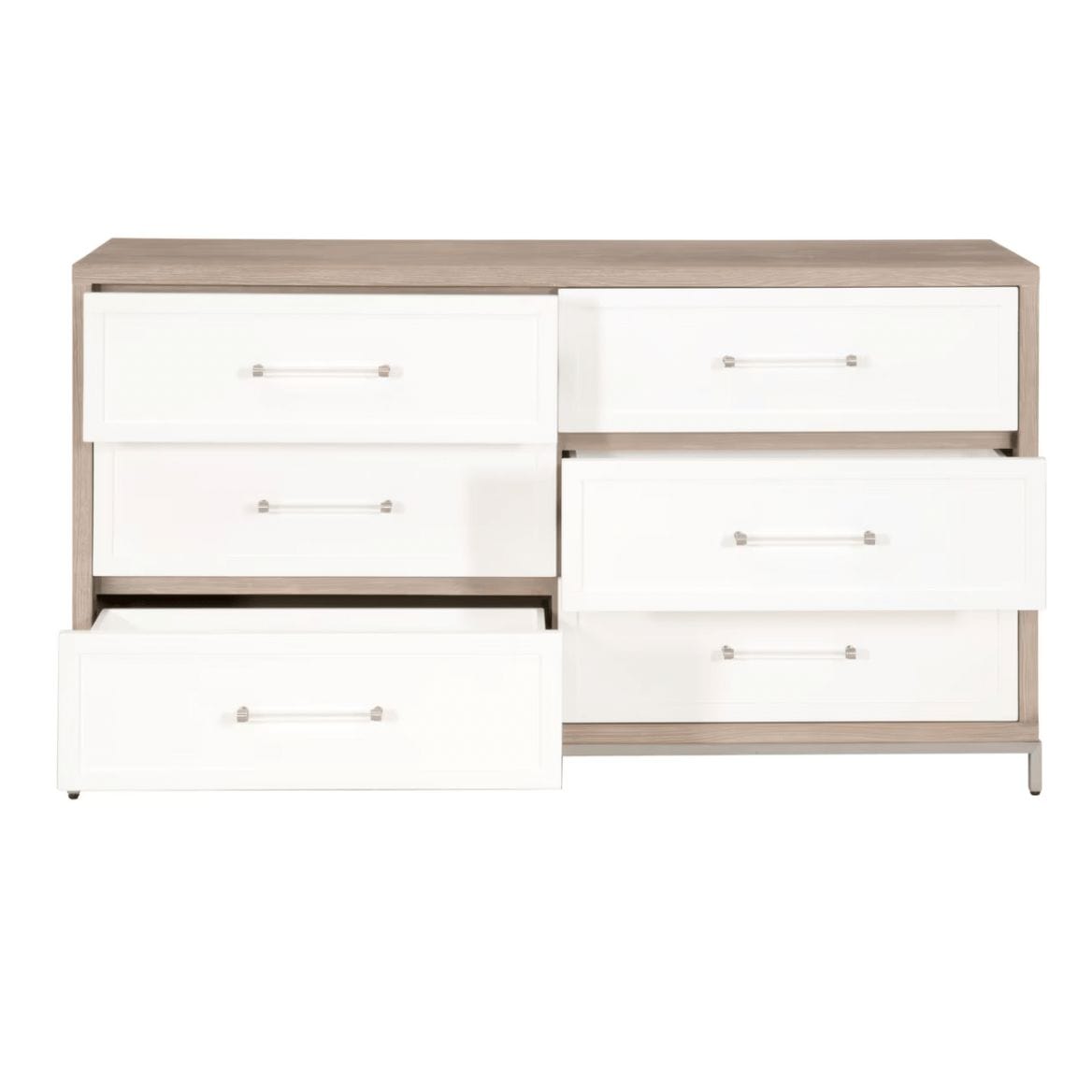 Natural gray wood dresser with 6 matte white drawers, clear acrylic handles, and stainless steel accents.