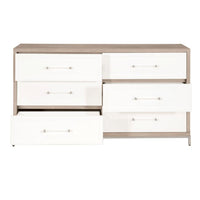 Natural gray wood dresser with 6 matte white drawers, clear acrylic handles, and stainless steel accents.