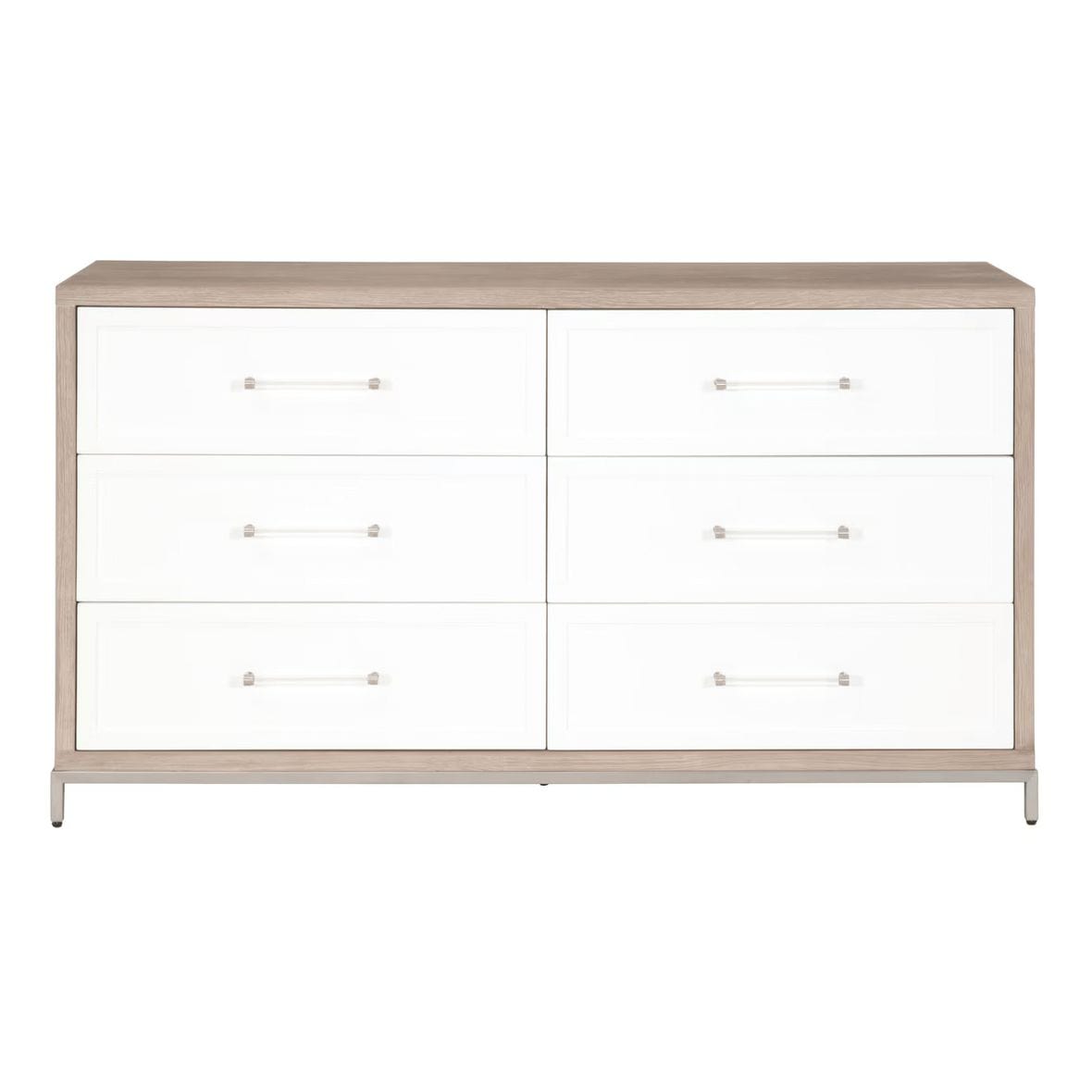 Natural gray wood dresser with 6 matte white drawers, clear acrylic handles, and a stainless steel base.