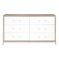 Natural gray wood dresser with 6 matte white drawers, clear acrylic handles, and a stainless steel base.