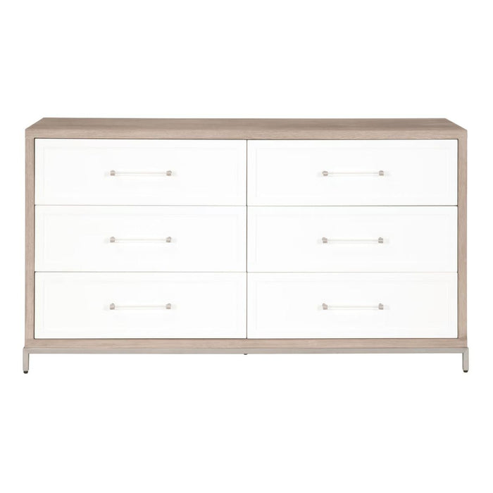 Natural gray wood dresser with 6 matte white drawers, clear acrylic handles, and a stainless steel base.