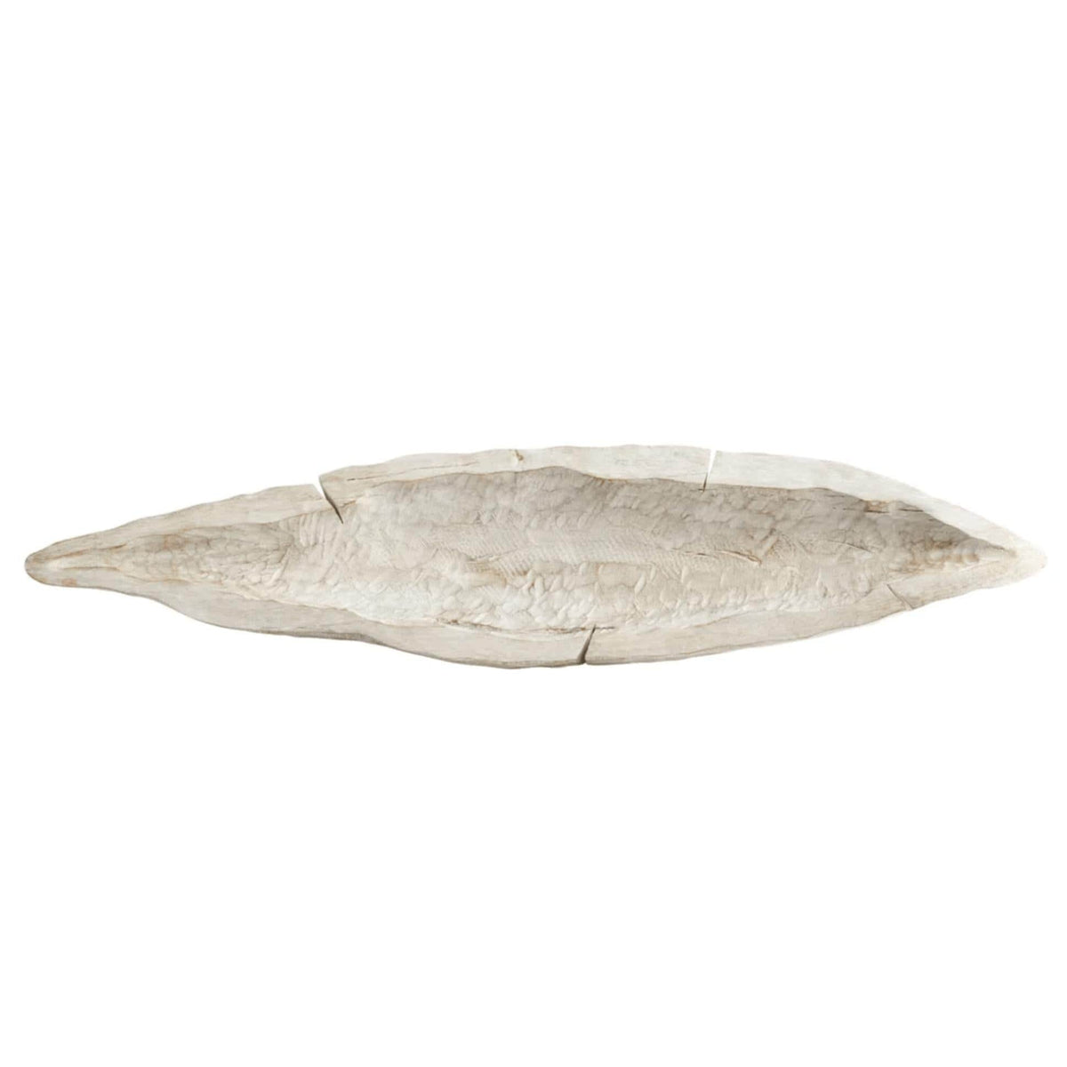 Navarro whitewashed Ardu wood decorative tray, hand-carved with an elegant, elongated boat-like design.