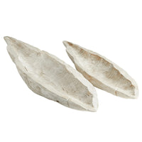Two Navarro whitewashed Ardu wood decorative trays, hand-carved with an elegant, elongated boat-like design.