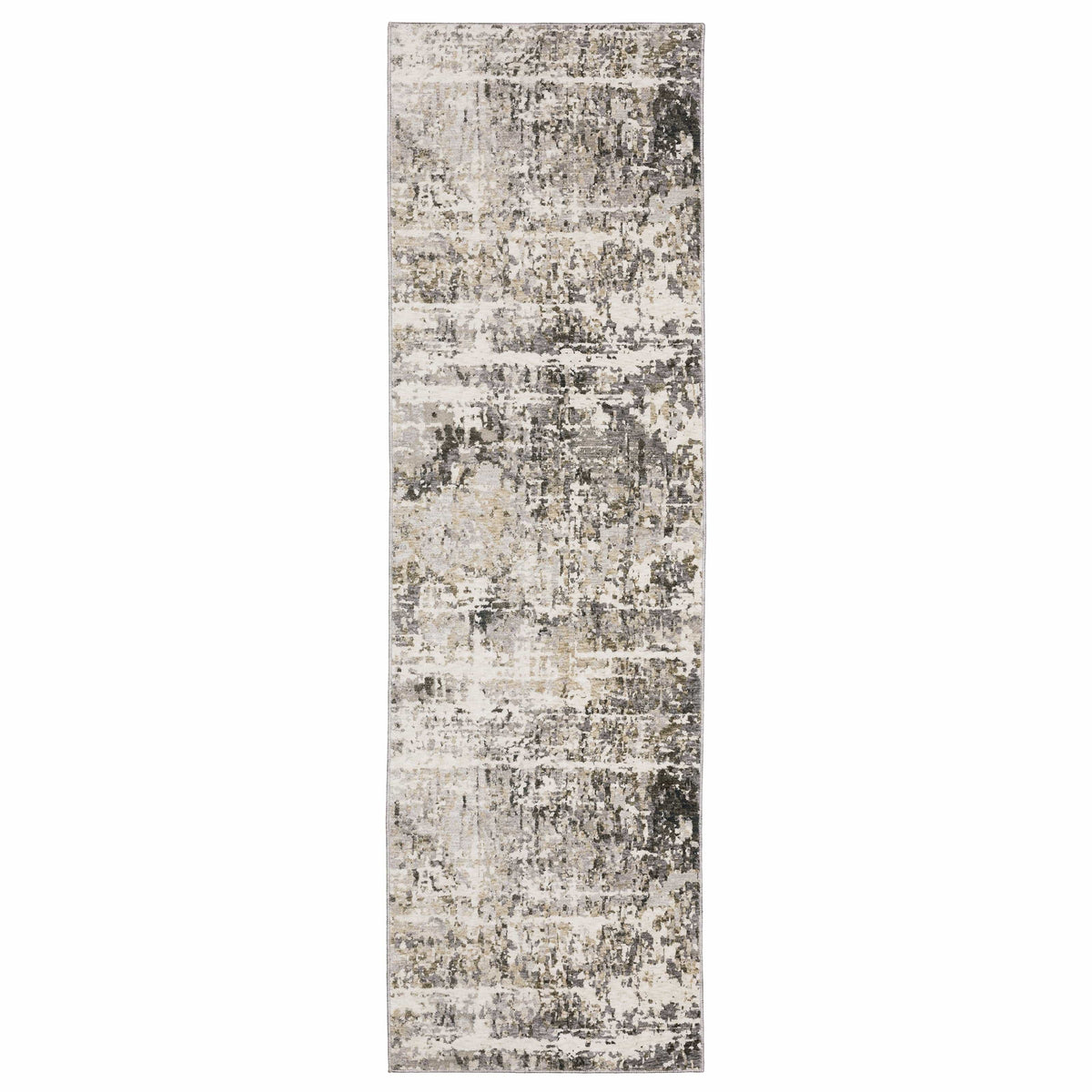 Long contemporary rug with abstract beige, ivory, and black patterns on soft polyester.