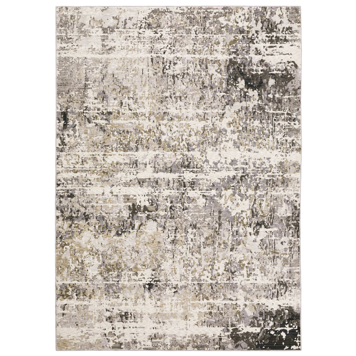 Contemporary polyester rug with abstract beige, ivory, and black patterns.