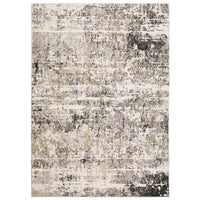 Contemporary polyester rug with abstract beige, ivory, and black patterns.