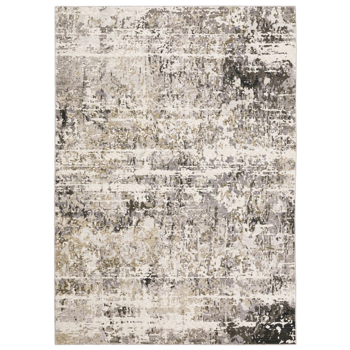 Contemporary polyester rug with abstract beige, ivory, and black patterns.