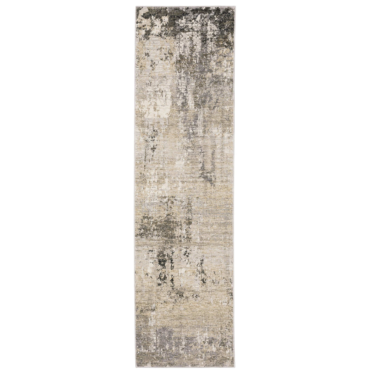Nebulous Beige & Ivory Contemporary Rug, a long polyester runner with abstract charcoal and ivory patterns.