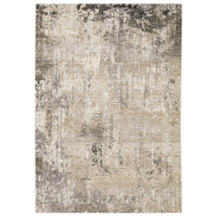 Contemporary beige and ivory polyester rug with abstract charcoal and gray patterns.