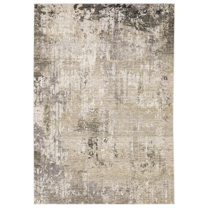 Contemporary beige and ivory polyester rug with abstract charcoal and gray patterns.