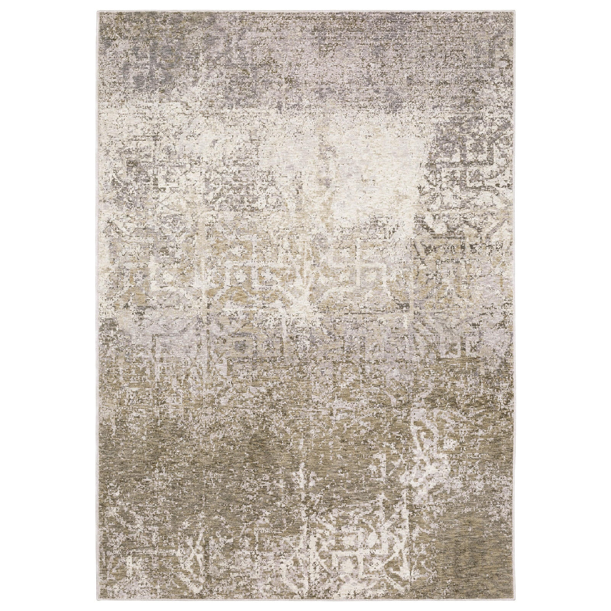 Contemporary beige, ivory & grey abstract polyester rug with a dense, low-profile design.