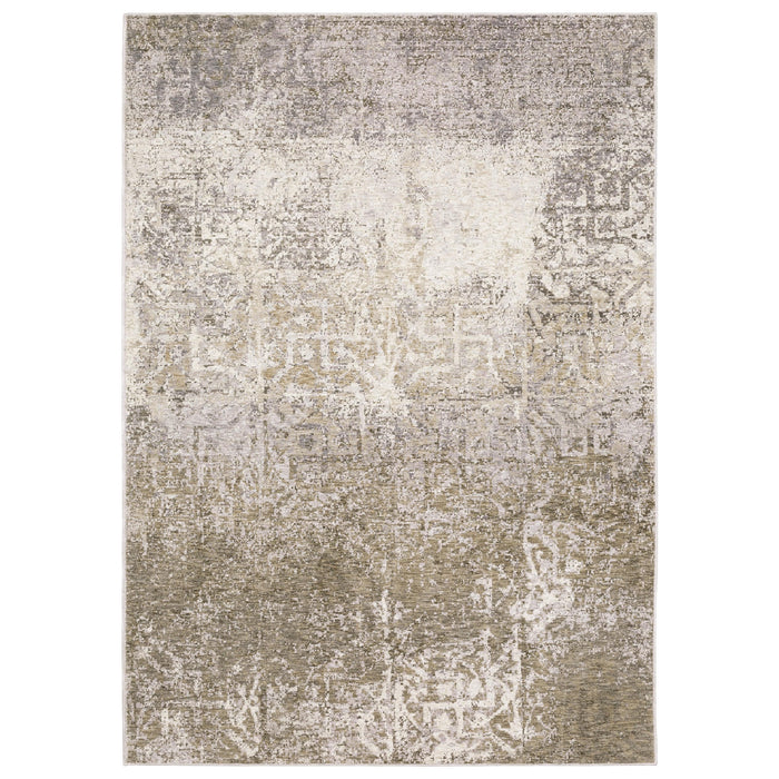 Contemporary beige, ivory & grey abstract polyester rug with a dense, low-profile design.