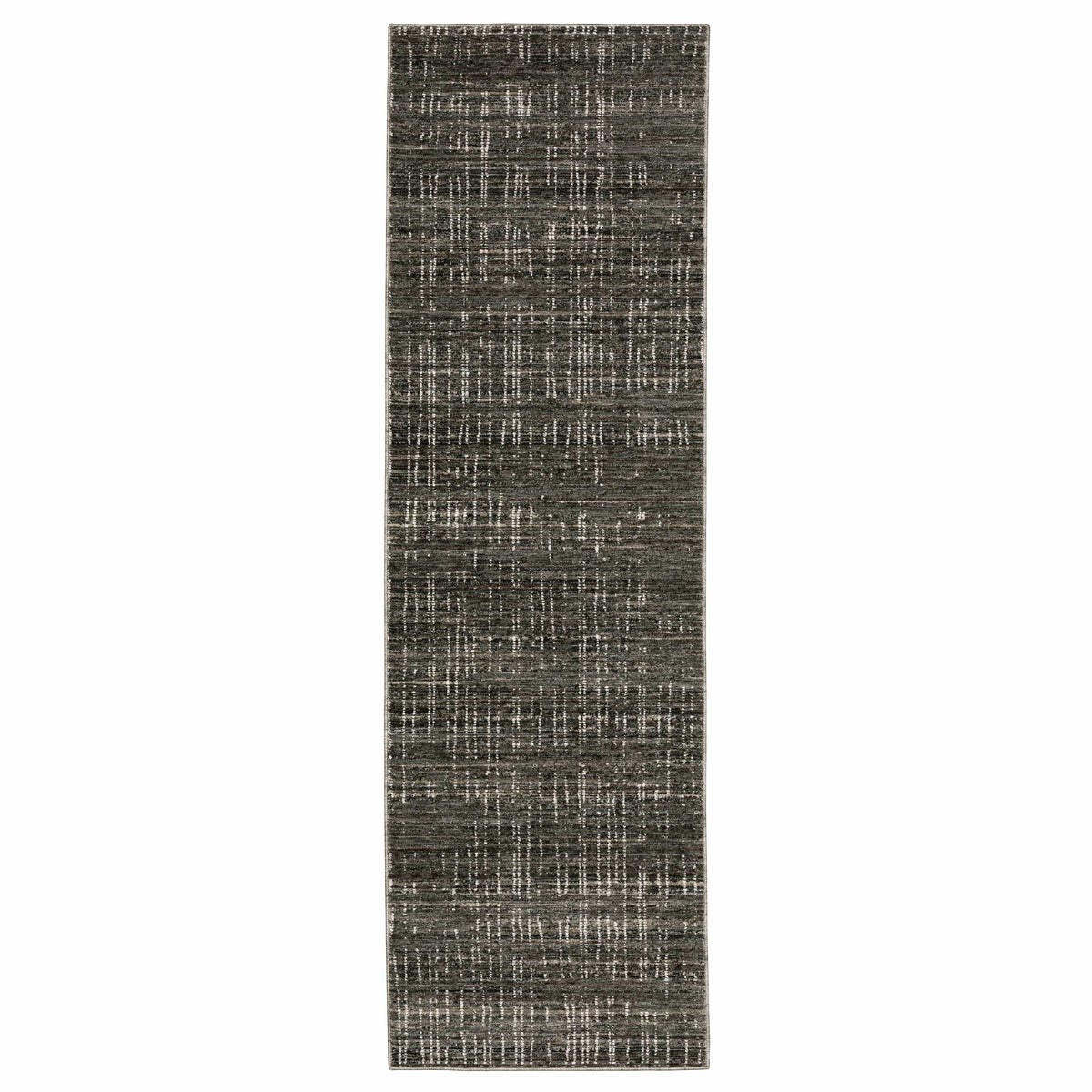 Long, rectangular charcoal and grey polyester rug with a modern abstract pattern.
