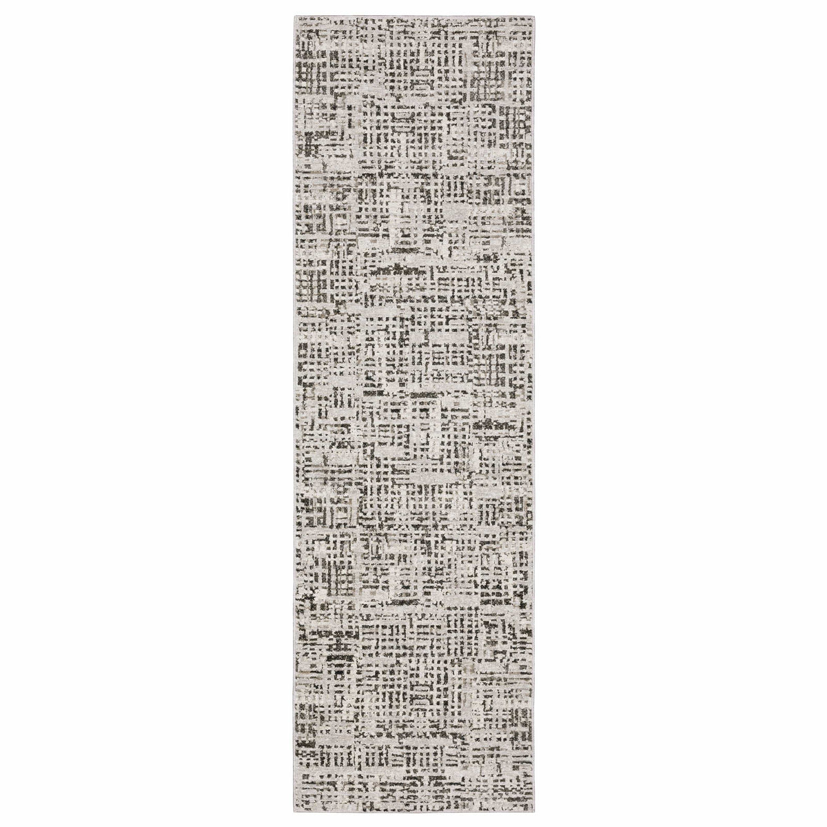 Nebulous Ivory Abstract Casual Rug, a long, narrow runner with charcoal and ivory abstract patterns.