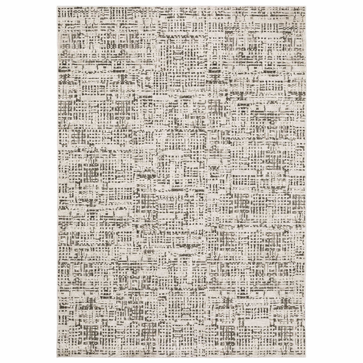 Nebulous Ivory Abstract Casual Rug with modern charcoal and ivory patterns, made from soft polyester yarns.