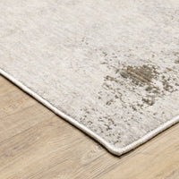 Nebulous Ivory & Beige Contemporary Rug, low-profile polyester with modern abstract patterns on wood floor.