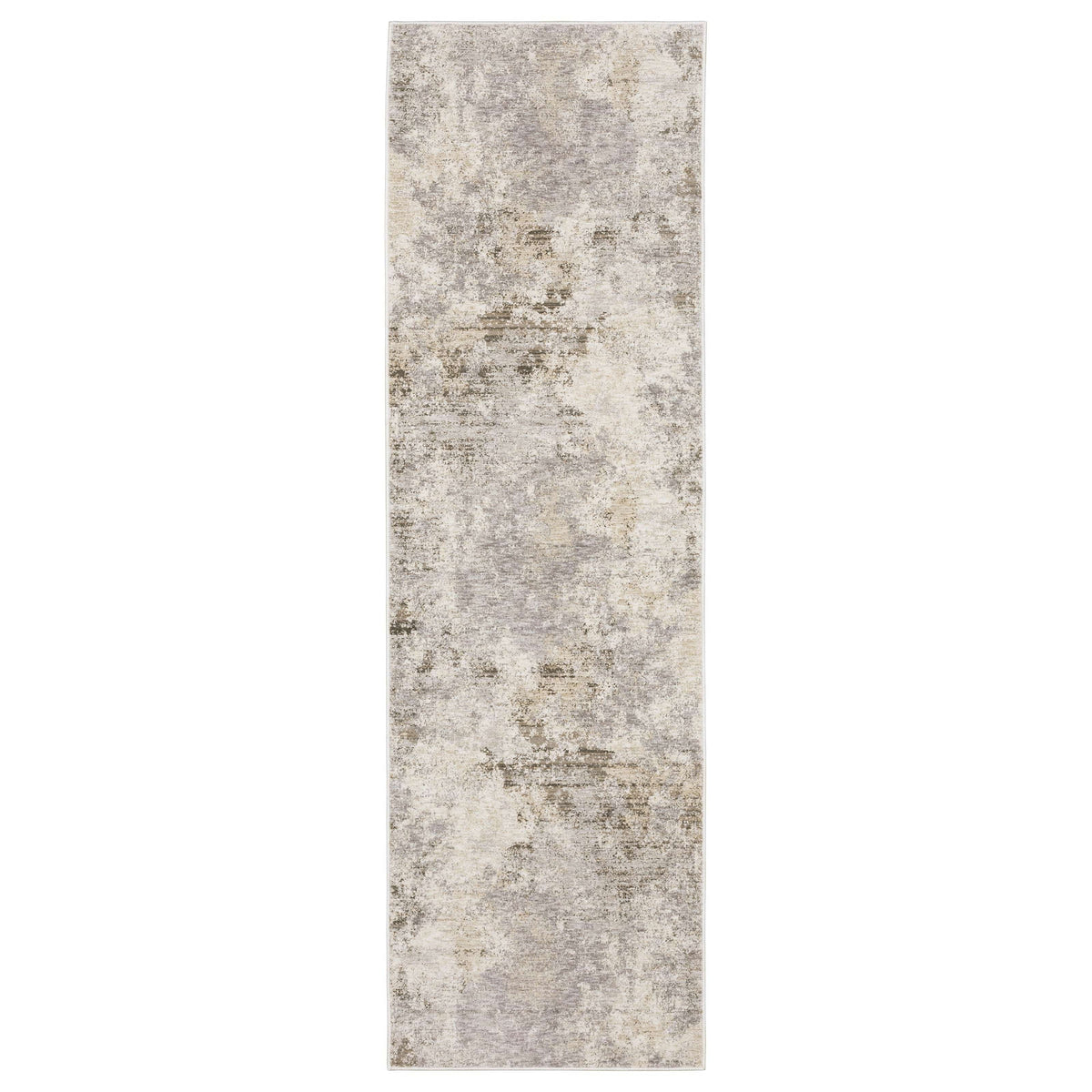 Long, rectangular Nebulous Ivory & Beige Contemporary Rug with abstract patterns, made from soft polyester.