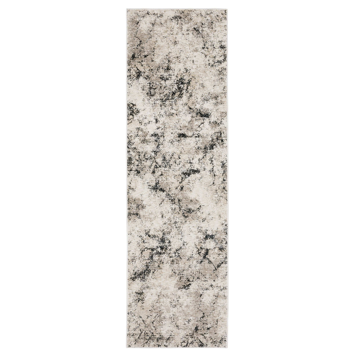 Nebulous ivory & grey abstract rug with dense, low-profile polyester yarns and multi-level texture.