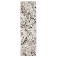 Nebulous ivory & grey abstract rug with dense, low-profile polyester yarns and multi-level texture.