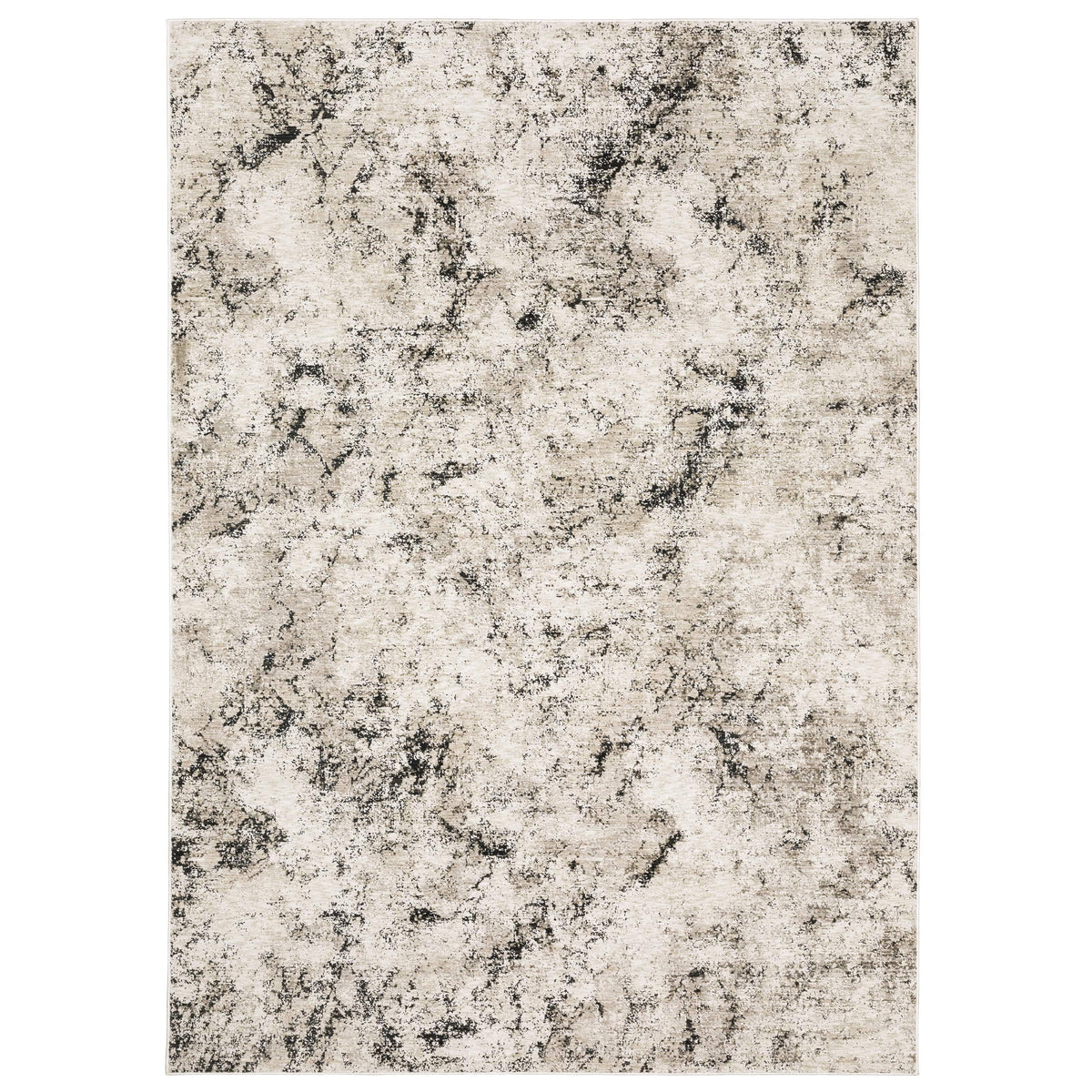 Nebulous Ivory & Grey Abstract Rug with a modern, low-profile design and textured polyester yarns.