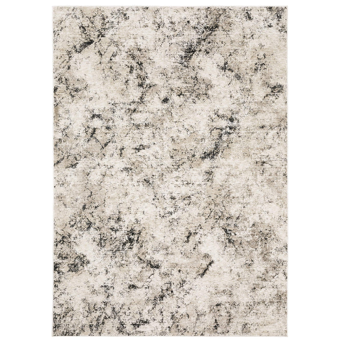 Nebulous Ivory & Grey Abstract Rug with a modern, low-profile design and textured polyester yarns.