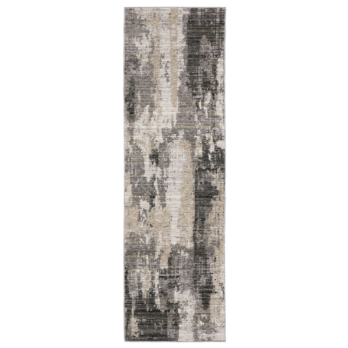 Long contemporary polyester rug with abstract ivory, grey, and black patterns.