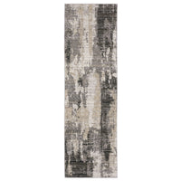 Long contemporary polyester rug with abstract ivory, grey, and black patterns.
