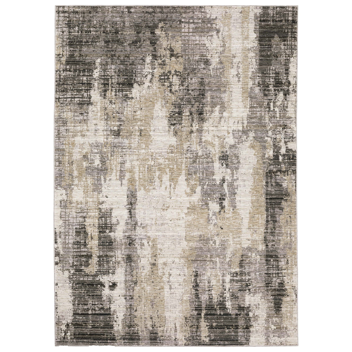 Contemporary polyester rug with abstract ivory, grey, and black patterns.