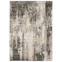 Contemporary polyester rug with abstract ivory, grey, and black patterns.
