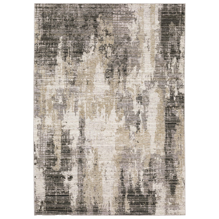 Contemporary polyester rug with abstract ivory, grey, and black patterns.
