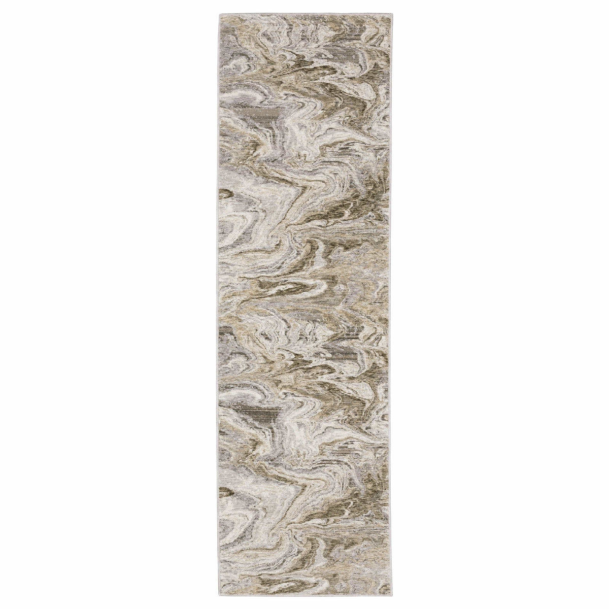 Long contemporary polyester rug with nebulous ivory, grey, and brown swirl abstract design.