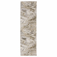 Long contemporary polyester rug with nebulous ivory, grey, and brown swirl abstract design.
