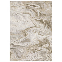 Contemporary rectangular rug with nebulous ivory and grey swirls, made from low-profile polyester.