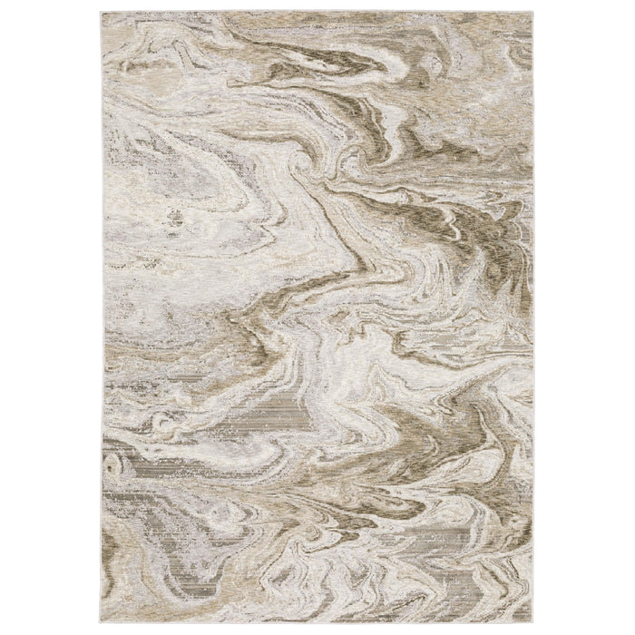 Contemporary rectangular rug with nebulous ivory and grey swirls, made from low-profile polyester.