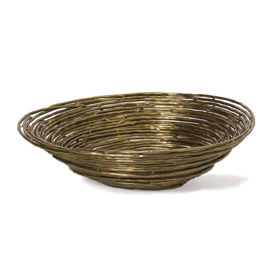 Nest Brass Decorative Bowl, a 12.5" wide iron bowl with a bird's nest-inspired, sleek silhouette.