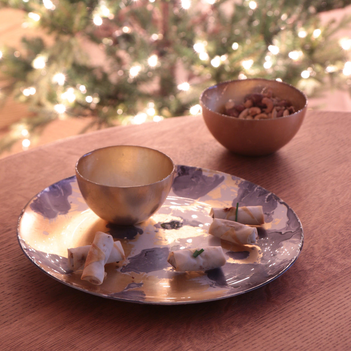 New Orleans Blue & Gold Large Round Serving Platter - Platter Top View | Bone & Brass