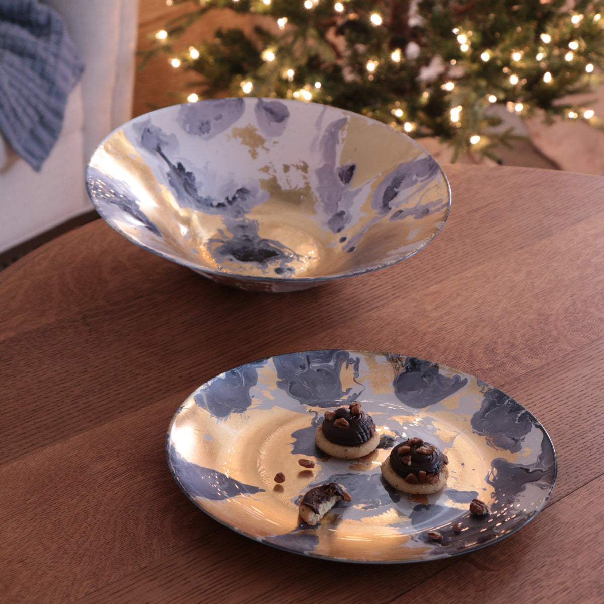 New Orleans Blue & Gold Large Round Serving Platter - Platter Side View | Bone & Brass